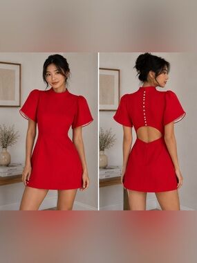 Red Cutout Mini Dress Size Small Puff Sleeve Pearl Button Back